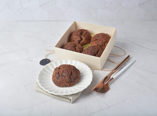 gourmet freshly bake golden Texas sweet chocolate chip honey biscuit cake scone milk butter bread in square bento wood box on white marble table rose gold fork knife pastry halal dessert vegan menu