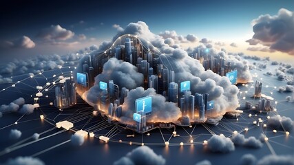 Cloud computing, digital networking, and cloud storage for business, together with worldwide social media, ai servers, and binary illustrations of modern and futuristic technology