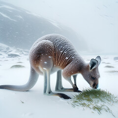 kangaroo looking for grass under the snow