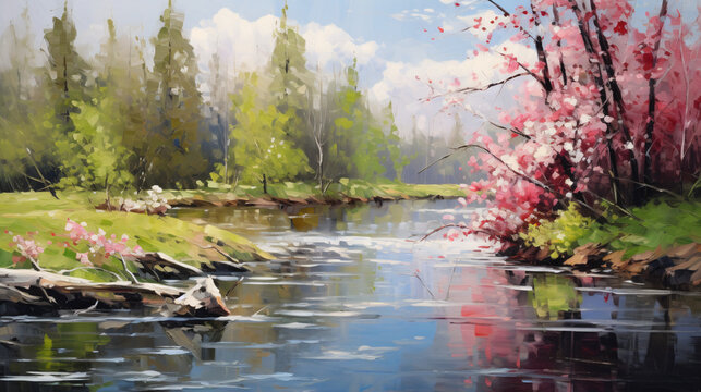 Quick river in may spring in Russia oil painting ..