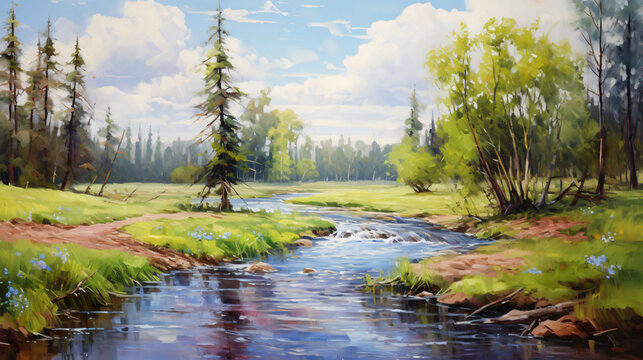 Quick river in may spring in Russia oil painting ..