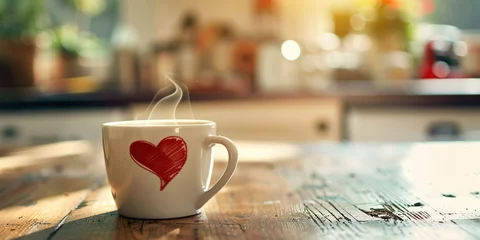 A cup of hot tea with a heart on a wooden table surface. Positive emotions concept © Tatyana