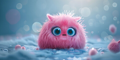 Cute little pink monster bird, Pink Furry Puffy Animal With Large Eyes . - obrazy, fototapety, plakaty