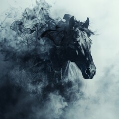 Swirling smoke and fumes provide a dramatic backdrop for an artistically lit horse head.