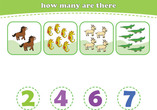 Educational worksheet for preschool kids. Count wild animals. Math game for children. Vector