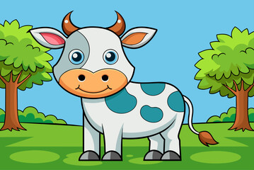 A cute cow stands in a field with a tree in the background.