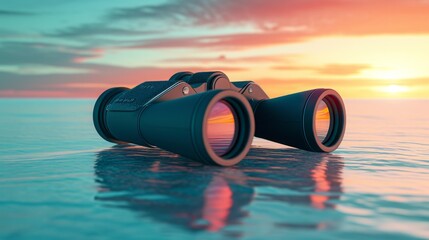 A pair of binoculars looking out at a horizon of endless possibilities symbolizing the vision and future-thinking of marketing. - obrazy, fototapety, plakaty