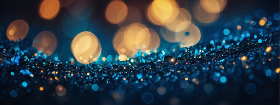 Background of Abstract Glitter Lights in Sapphire, Topaz, and Obsidian. Defocused Banner.