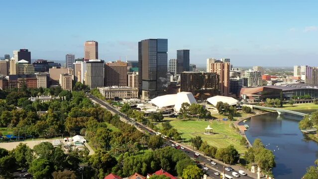Torrens river waterfront of Adelaide city in South Australia &ndash; aerial cityscape as 4k.
