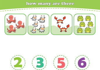 Educational worksheet for preschool kids. Count wild animals. Math game for children. Vector