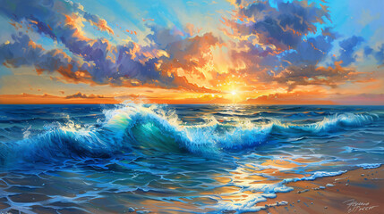 Sea wave on the beach at sunset time sun rays painting