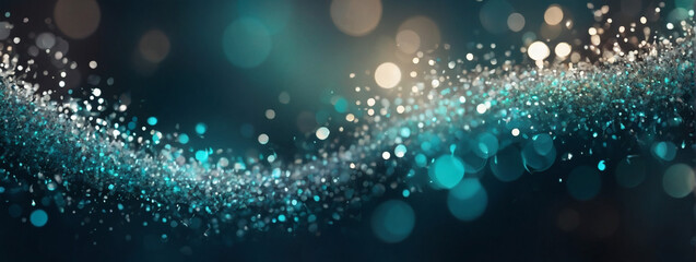 Background of Abstract Glitter Lights in Teal, Silver, and Onyx. Defocused Banner.