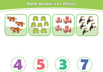 Educational worksheet for preschool kids. Count wild animals. Math game for children. Vector