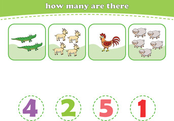 Educational worksheet for preschool kids. Count wild animals. Math game for children. Vector