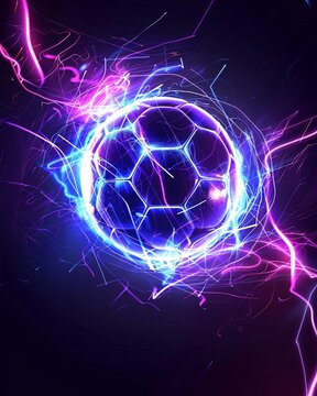 Dark background with neon-lit soccer ball, electrifying energy scene
