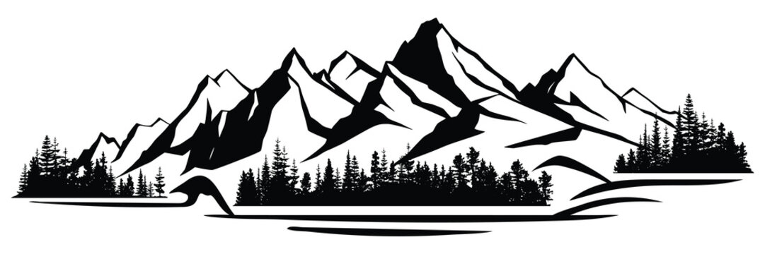 Silhouette mountain range and forest isolated on white background, vector design	
