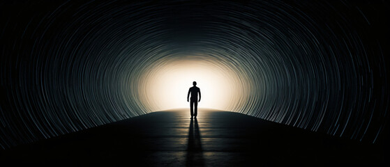 Silhouette of Man Walking in Tunnel. Light at End of .