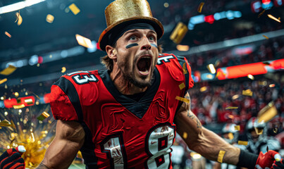 Professional football player celebrating the league win, wearing gold top hat - Inside a big arena with a big crowd and gold confetti