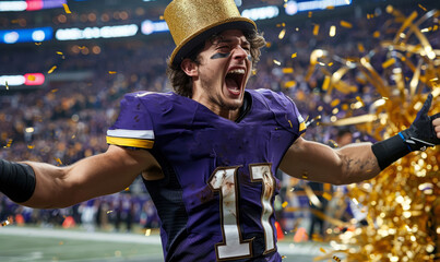 Professional football player celebrating the league win, wearing gold top hat - Inside a big arena with a big crowd and gold confetti