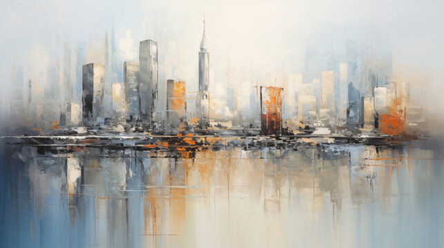 Skyline city view with reflections on water oil paint