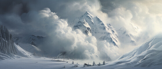 Snow avalanche in the mountains a powerful cloud ..
