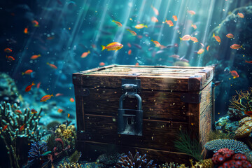 Old treasure chest on the coral reef in the sea, vintage style - 759512520