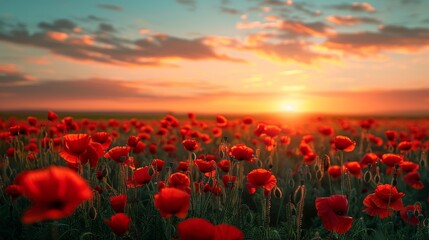 Fototapeta na wymiar Breathtaking landscape of a poppy field at sunset 