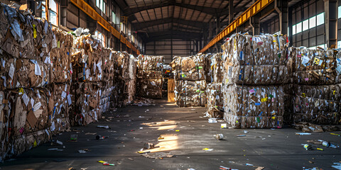 Plastic pressed bales at finished products warehouse on modern waste hazardous processing plant. Separate garbage collection. - obrazy, fototapety, plakaty