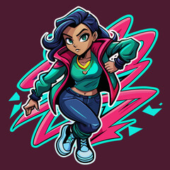 Sticker portraying a stylish girl in a dynamic pose, with graffiti-inspired elements and bold graphics