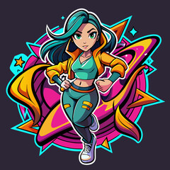 Sticker portraying a stylish girl in a dynamic pose, with graffiti-inspired elements and bold graphics