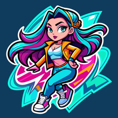 Sticker portraying a stylish girl in a dynamic pose, with graffiti-inspired elements and bold graphics