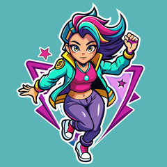 Sticker portraying a stylish girl in a dynamic pose, with graffiti-inspired elements and bold graphics