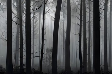 Monochrome atmospheric wallpaper depicting a foggy forest with mist. Generative AI