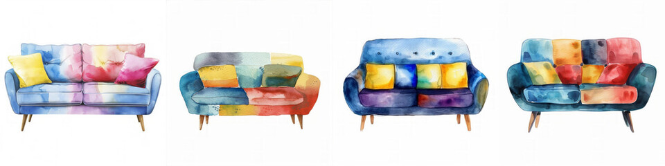 Set of four colorful watercolor sofas with artistic splashes and abstract design, isolated on white background, perfect for furniture-themed designs and interior decorating concepts