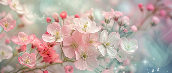 Fototapeta na wymiar A beautiful bouquet of pink and white flowers with a blue background