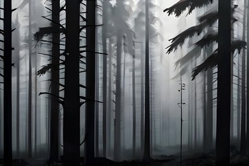 Monochrome atmospheric wallpaper depicting a foggy forest with mist. Generative AI
