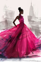 Modern fashion illustration of a model in a pink dress