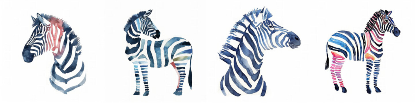 Set of four watercolor painted zebras with dynamic blue and pink stripes, ideal for creative backgrounds or artistic decor elements