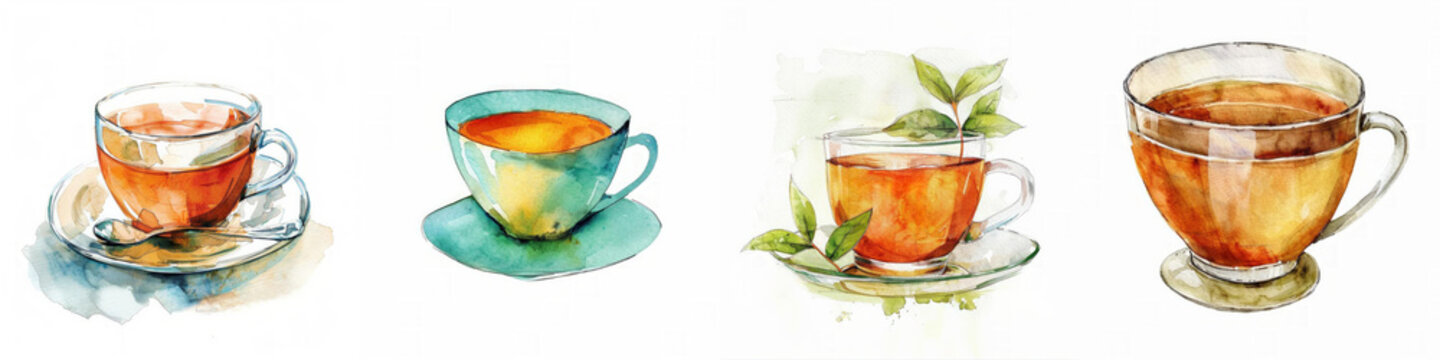 Set of four watercolor illustrations of tea cups, perfect for a cozy cafe menu design or a seasonal autumn beverage promotion, with ample blank space for text