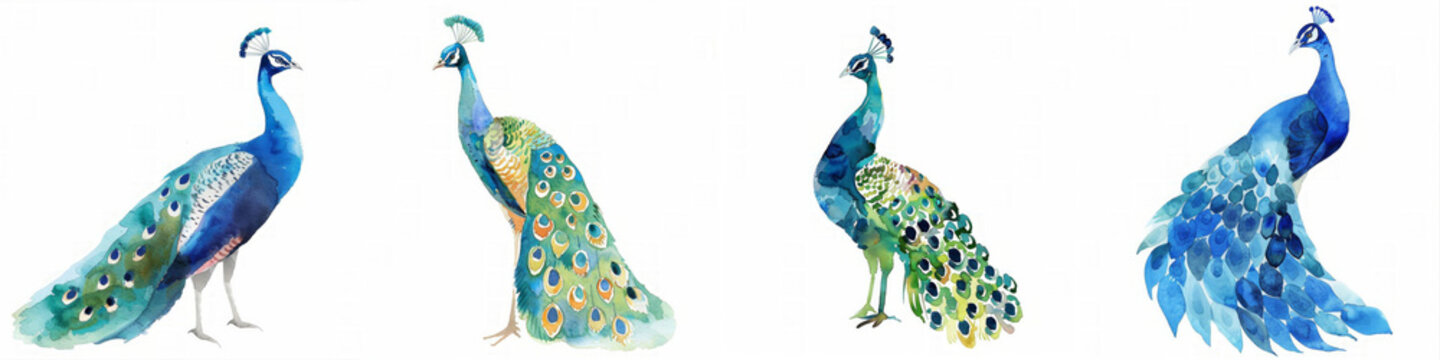 Set of four elegant watercolor peacock illustrations in different poses, ideal for backgrounds, art, and creative design projects