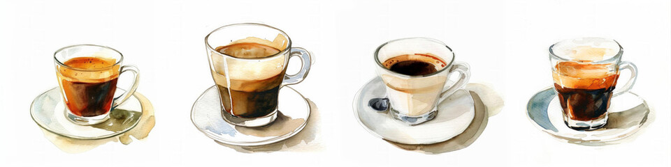 Set of Watercolor illustration of  mug with coffee, ideal for coffee-related advertising, with ample white space for text on a white background