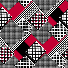 Seamless patchwork geometrical patches lines stripes black white red pattern background - 759514572