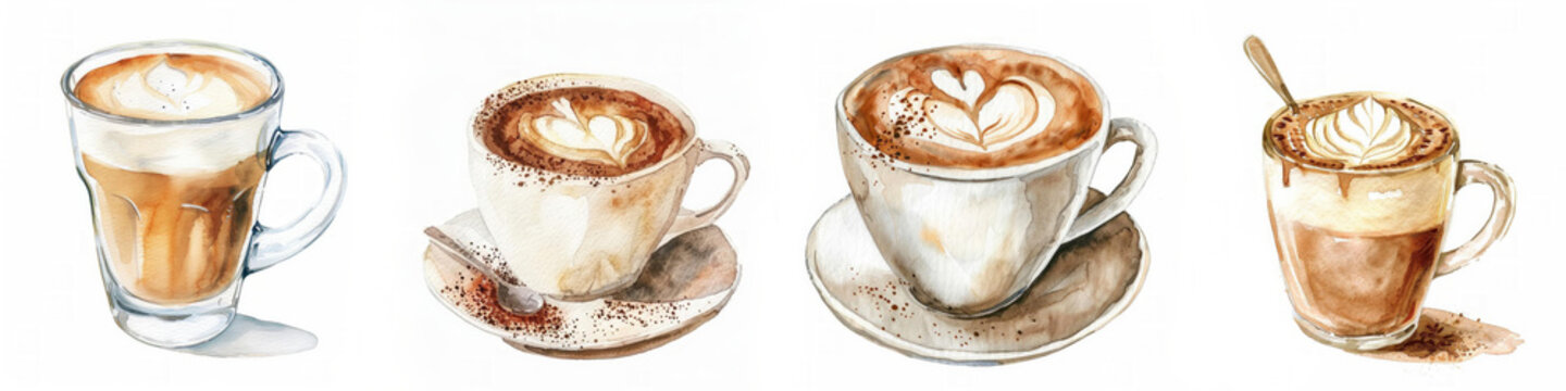 Set of four watercolor coffee illustrations showing different coffee drinks with latte art, ideal for menus or cafe promotions, with copy space for text and customization