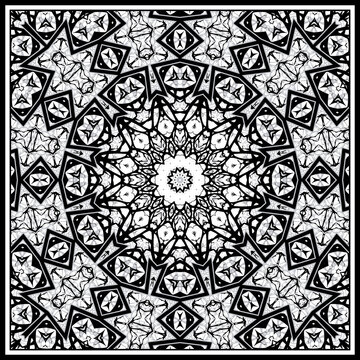 Seamless kaleidoscopic mandala pattern geometrical black white background