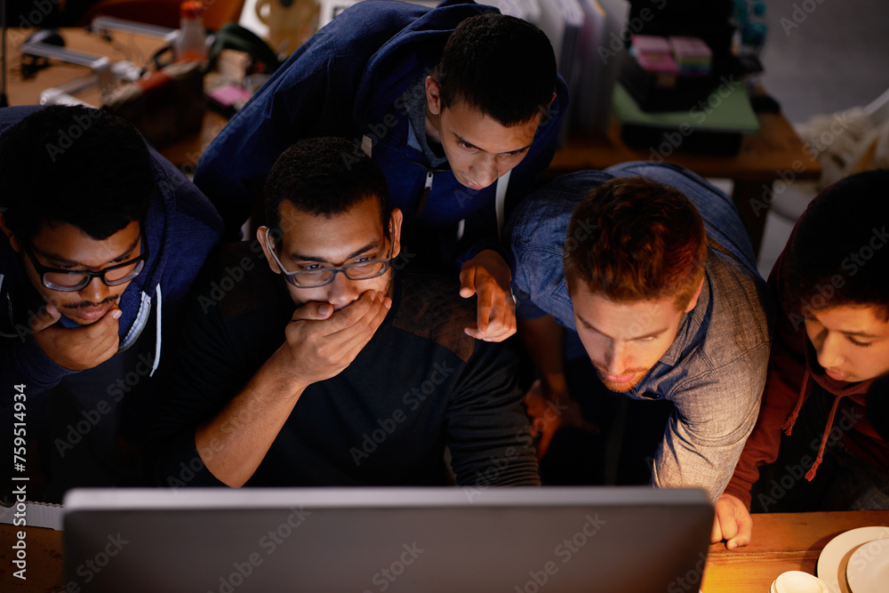 Aufkleber Group, surprise and friends with computer, internet and emotions with reaction and expression. People, men and gamers with pc and shocked with online news and night with cooperation and omg with wow