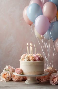 Birthday cake with candles and balloons on table, on light background