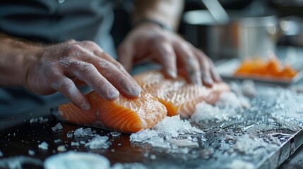 Chef slicing salmon fillets in commercial kitchen - obrazy, fototapety, plakaty