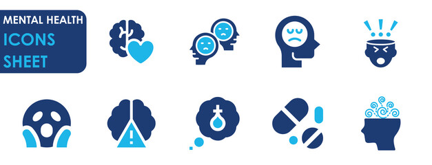 Mental health related icons set. Flat style icon designs of fear, trauma, panic, meditation and so on.