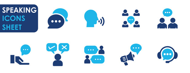 A set of speaking related icons. Speak, express, judge, advice, communicate, opinion icons set in flat style.