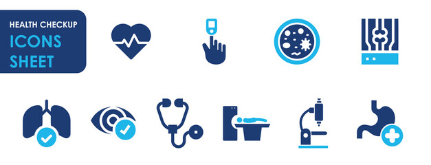 Health checkup icon set. Medical care service symbol collection.